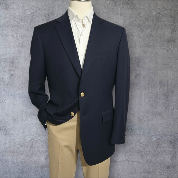 BROOKS BROTHERS Mens 46L Navy Wool Blazer Sport Coat 2 Button Single Vent Jacket - Picture 2 of 16